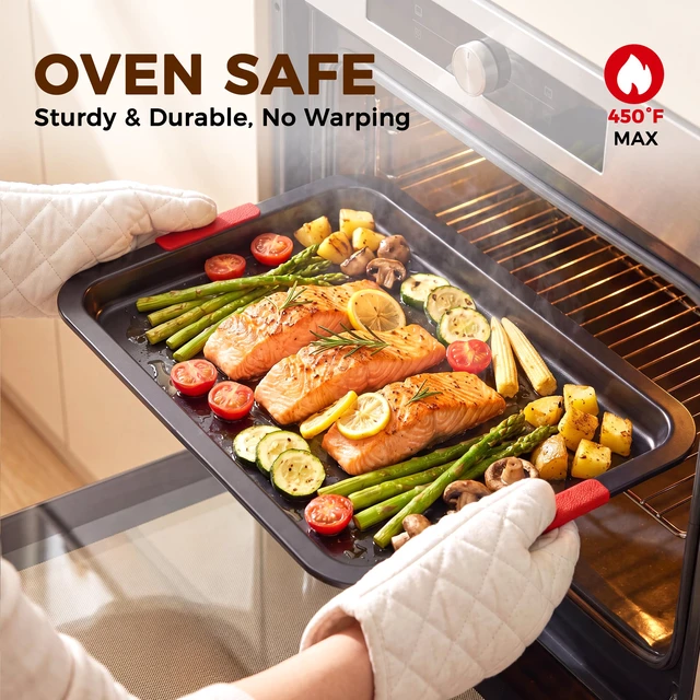Alt view image 2 of 7 - Nonstick Cookie Sheets for Baking Set of 3, Carbon Steel Sheet Pans with Lychee Silicone Handles, 2X Thick Ceramic Coating PFOA-Free, Small Medium Large Stackable Baking Pans for Oven, Gray