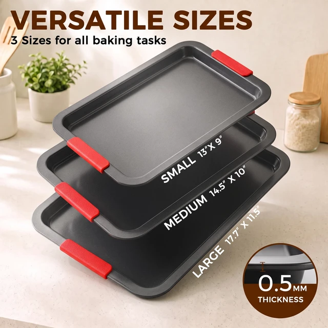 Alt view image 3 of 7 - Nonstick Cookie Sheets for Baking Set of 3, Carbon Steel Sheet Pans with Lychee Silicone Handles, 2X Thick Ceramic Coating PFOA-Free, Small Medium Large Stackable Baking Pans for Oven, Gray