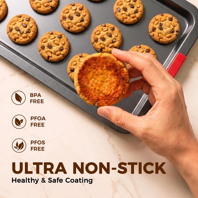 Alt view image 4 of 7 - Nonstick Cookie Sheets for Baking Set of 3, Carbon Steel Sheet Pans with Lychee Silicone Handles, 2X Thick Ceramic Coating PFOA-Free, Small Medium Large Stackable Baking Pans for Oven, Gray