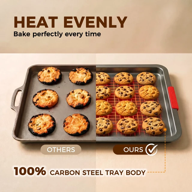 Alt view image 5 of 7 - Nonstick Cookie Sheets for Baking Set of 3, Carbon Steel Sheet Pans with Lychee Silicone Handles, 2X Thick Ceramic Coating PFOA-Free, Small Medium Large Stackable Baking Pans for Oven, Gray
