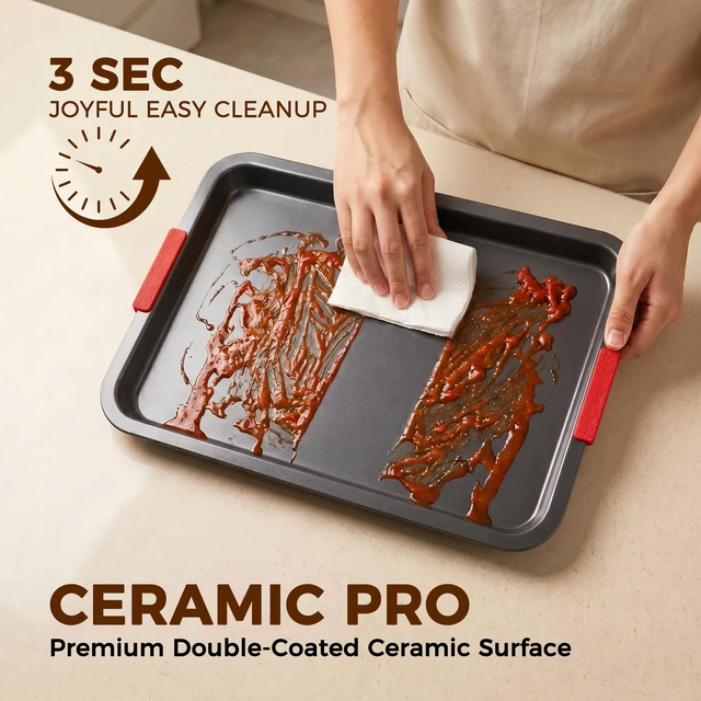 Alt view image 6 of 7 - Nonstick Cookie Sheets for Baking Set of 3, Carbon Steel Sheet Pans with Lychee Silicone Handles, 2X Thick Ceramic Coating PFOA-Free, Small Medium Large Stackable Baking Pans for Oven, Gray