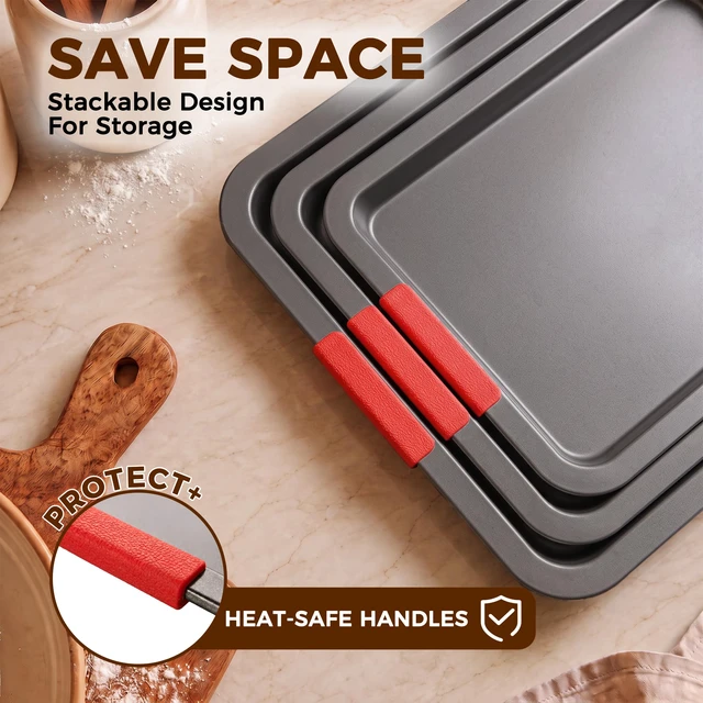 Alt view image 7 of 7 - Nonstick Cookie Sheets for Baking Set of 3, Carbon Steel Sheet Pans with Lychee Silicone Handles, 2X Thick Ceramic Coating PFOA-Free, Small Medium Large Stackable Baking Pans for Oven, Gray