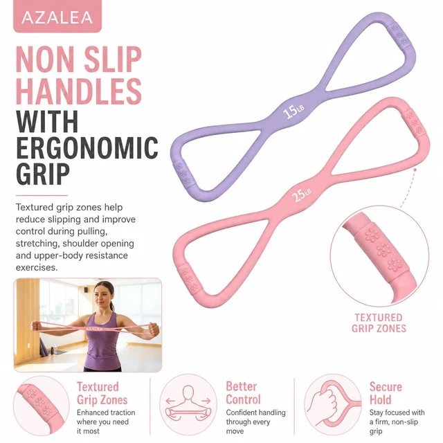 Alt view image 3 of 7 - Figure 8 Resistance Bands, Silicone Stretch Bands with Handles | 2 Pack Figure 8 Exercise Bands, Non-Slip Grip, 15LB 25LB Resistance for Arms, Back, Legs, Glutes, Yoga Pilates Home Workout