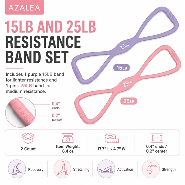 Alt view image 4 of 7 - Figure 8 Resistance Bands, Silicone Stretch Bands with Handles | 2 Pack Figure 8 Exercise Bands, Non-Slip Grip, 15LB 25LB Resistance for Arms, Back, Legs, Glutes, Yoga Pilates Home Workout