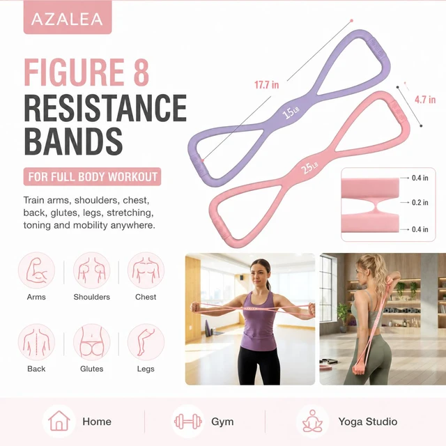 Alt view image 6 of 7 - Figure 8 Resistance Bands, Silicone Stretch Bands with Handles | 2 Pack Figure 8 Exercise Bands, Non-Slip Grip, 15LB 25LB Resistance for Arms, Back, Legs, Glutes, Yoga Pilates Home Workout