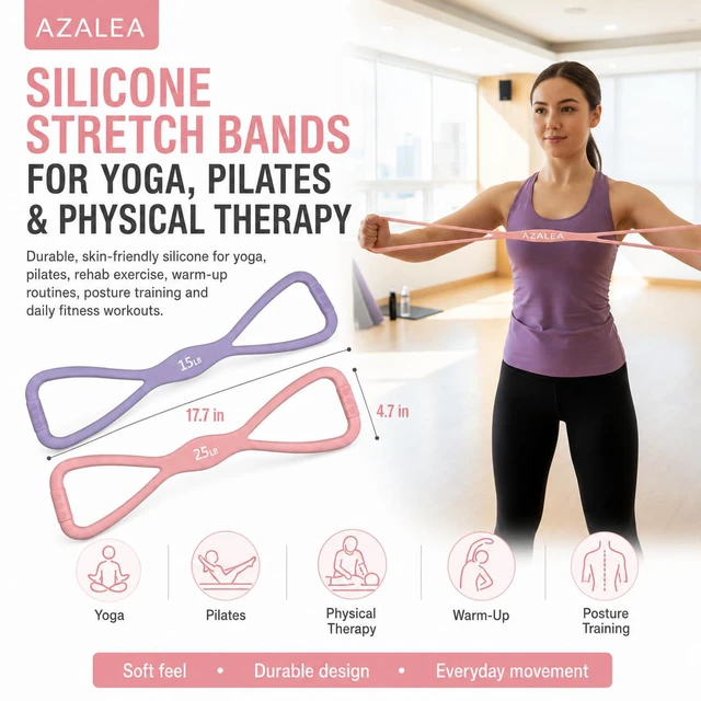Alt view image 2 of 7 - Figure 8 Resistance Bands, Silicone Stretch Bands with Handles | 2 Pack Figure 8 Exercise Bands, Non-Slip Grip, 15LB 25LB Resistance for Arms, Back, Legs, Glutes, Yoga Pilates Home Workout
