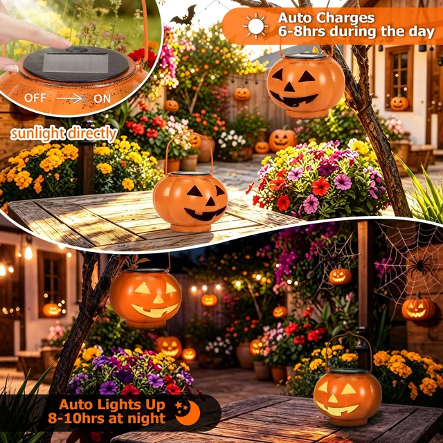Alt view image 3 of 7 - Halloween Decorations Outdoor Solar Lights Weatherproof Decor Lanterns | Pumpkin Vintage Metal Portable Hanging 6.5In Warm Light Yard Patio Garden Porch Spooky Party Table Jack O Lantern Fall Gift