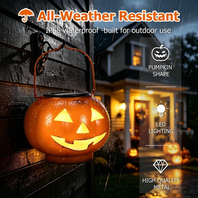 Alt view image 4 of 7 - Halloween Decorations Outdoor Solar Lights Weatherproof Decor Lanterns | Pumpkin Vintage Metal Portable Hanging 6.5In Warm Light Yard Patio Garden Porch Spooky Party Table Jack O Lantern Fall Gift
