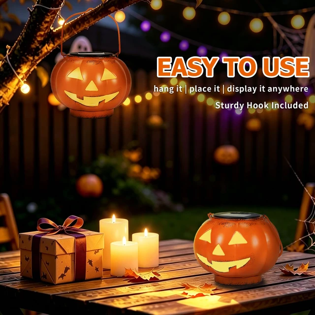 Alt view image 5 of 7 - Halloween Decorations Outdoor Solar Lights Weatherproof Decor Lanterns | Pumpkin Vintage Metal Portable Hanging 6.5In Warm Light Yard Patio Garden Porch Spooky Party Table Jack O Lantern Fall Gift