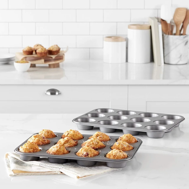 Alt view image 2 of 6 - Nonstick Muffin Pan, Set of 2, Sturdy, Oven Safe, Bakes Evenly, Easy to Clean, 12 Cups, Gray, 13.9x10.55x1.22"