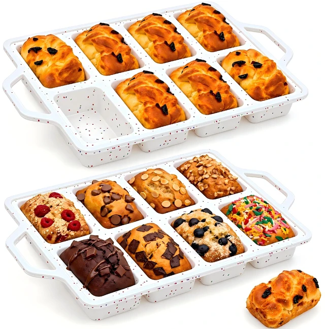 Main image of 2 Pack Mini Silicone Loaf Pans with Metal Reinforced Frame, 8-Cavity | Non-Stick Easy Release Heat Resistant Bakeware, Reusable Small Mini Banana Bread & Cake Baking Pans for Daily Baking