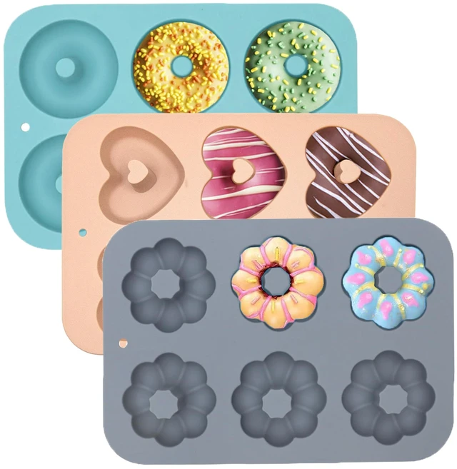 Main image of 3 Pack Silicone Donut Pan for Baking, Non-Stick Doughnut Pan, 6 Cavity Fluted Tube Cake Silicone Mold for Baking (Blue+Gray+Pink)
