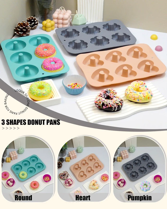 Alt view image 4 of 6 - 3 Pack Silicone Donut Pan for Baking, Non-Stick Doughnut Pan, 6 Cavity Fluted Tube Cake Silicone Mold for Baking (Blue+Gray+Pink)