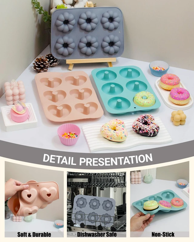 Alt view image 3 of 6 - 3 Pack Silicone Donut Pan for Baking, Non-Stick Doughnut Pan, 6 Cavity Fluted Tube Cake Silicone Mold for Baking (Blue+Gray+Pink)
