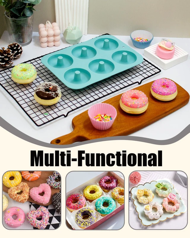 Alt view image 5 of 6 - 3 Pack Silicone Donut Pan for Baking, Non-Stick Doughnut Pan, 6 Cavity Fluted Tube Cake Silicone Mold for Baking (Blue+Gray+Pink)