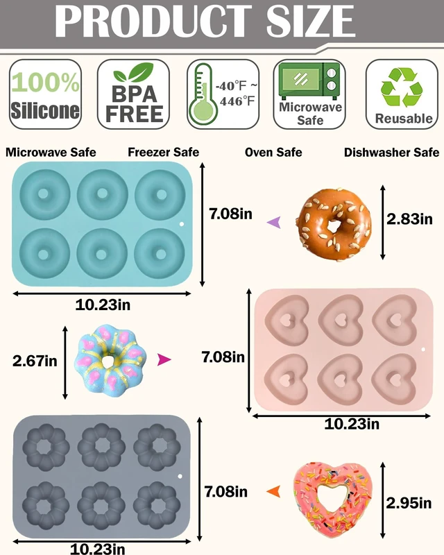 Alt view image 2 of 6 - 3 Pack Silicone Donut Pan for Baking, Non-Stick Doughnut Pan, 6 Cavity Fluted Tube Cake Silicone Mold for Baking (Blue+Gray+Pink)