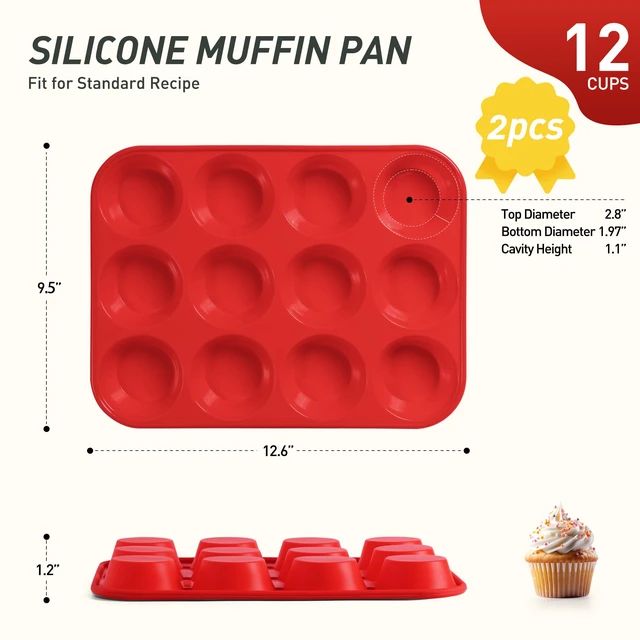 Alt view image 2 of 7 - 2 Pack 12 Cups Silicone Muffin Pan with Metal Reinforced Frame Regular Size Silicone Molds Cupcake Cake Baking Pans Cookie Baking Chocoflan Cupcake Mold Nonstick Muffin Tin Home Baking Supplies