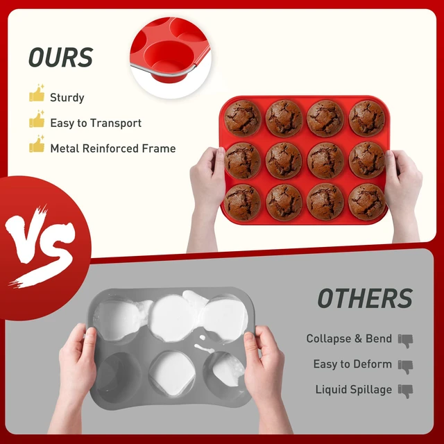 Alt view image 3 of 7 - 2 Pack 12 Cups Silicone Muffin Pan with Metal Reinforced Frame Regular Size Silicone Molds Cupcake Cake Baking Pans Cookie Baking Chocoflan Cupcake Mold Nonstick Muffin Tin Home Baking Supplies