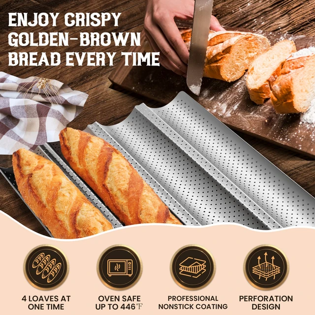 Alt view image 2 of 7 - Baguette Bread Pan, Premium Nonstick Perforated Baguette Pan for French Bread Baking, 4 Loaves Baguette Baking Tray for Sourdough, Italian Bread, Perfect for Creating Crisp Golden-Brown Crust