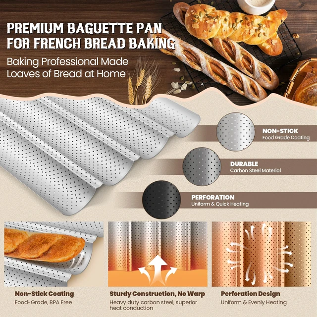 Alt view image 4 of 7 - Baguette Bread Pan, Premium Nonstick Perforated Baguette Pan for French Bread Baking, 4 Loaves Baguette Baking Tray for Sourdough, Italian Bread, Perfect for Creating Crisp Golden-Brown Crust