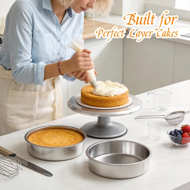 Alt view image 5 of 7 - 3PCS 8" Round Stainless Steel Even Heating Cake Pans for Baking | Stackable Design, Perfect for Layer Cakes Birthday Parties & Weddings, Dishwasher Safe, Ideal for Home Bakers