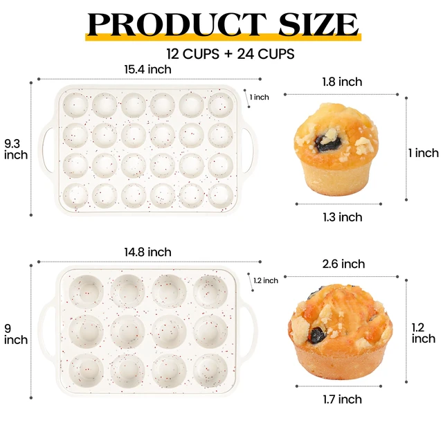 Alt view image 2 of 7 - 12+24 Cups Silicone Muffin Pans for Baking with Metal Frame | Regular and Mini Cupcake Pan, Nonstick Egg Bite Mold, with Handle, BPA Free, 2 Pcs, Cream