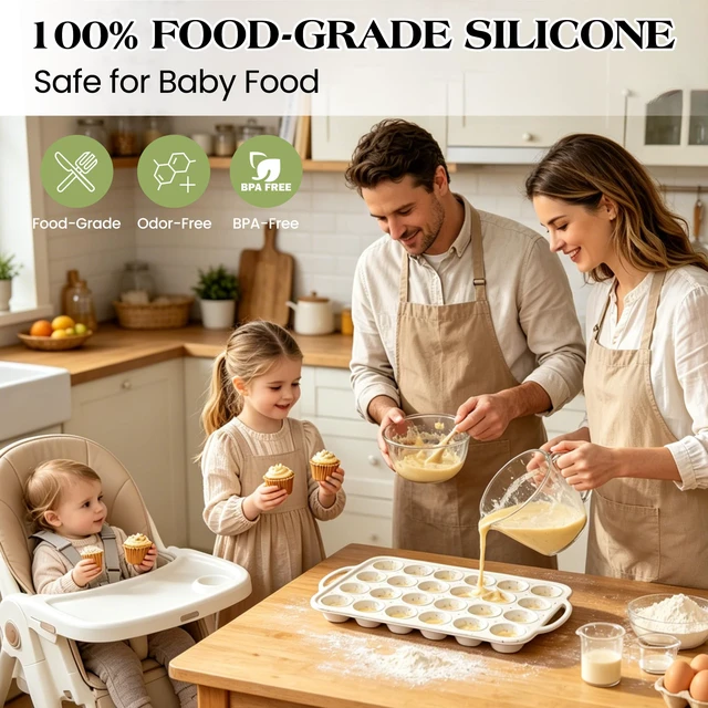 Alt view image 6 of 7 - 12+24 Cups Silicone Muffin Pans for Baking with Metal Frame | Regular and Mini Cupcake Pan, Nonstick Egg Bite Mold, with Handle, BPA Free, 2 Pcs, Cream