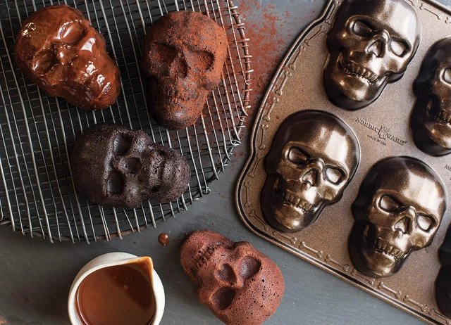 Alt view image 6 of 7 - Halloween Bakeware, Haunted Skull Cakelet Pan, Bronze