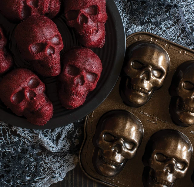 Alt view image 2 of 7 - Halloween Bakeware, Haunted Skull Cakelet Pan, Bronze