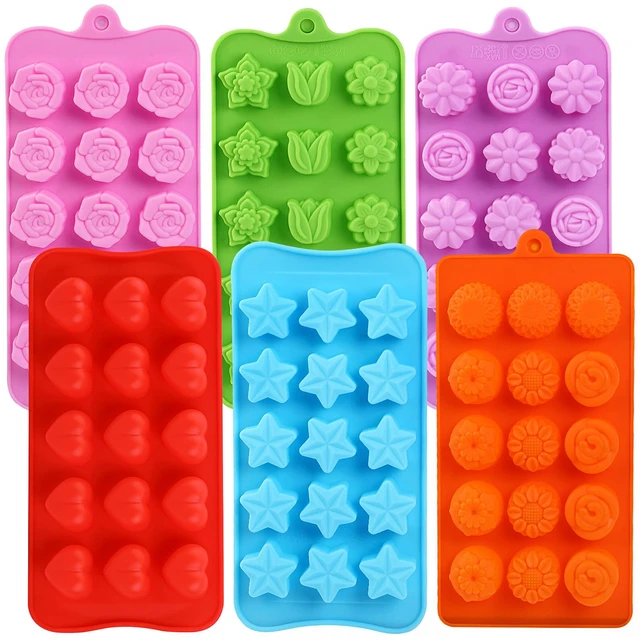 Main image of Flower Shape Chocolate Candy Molds Set, 6Pcs | Heart, The stars, The rose, Flowers in Combination, 15 Cavity Silicone Baking Mold Ice Cube Tray