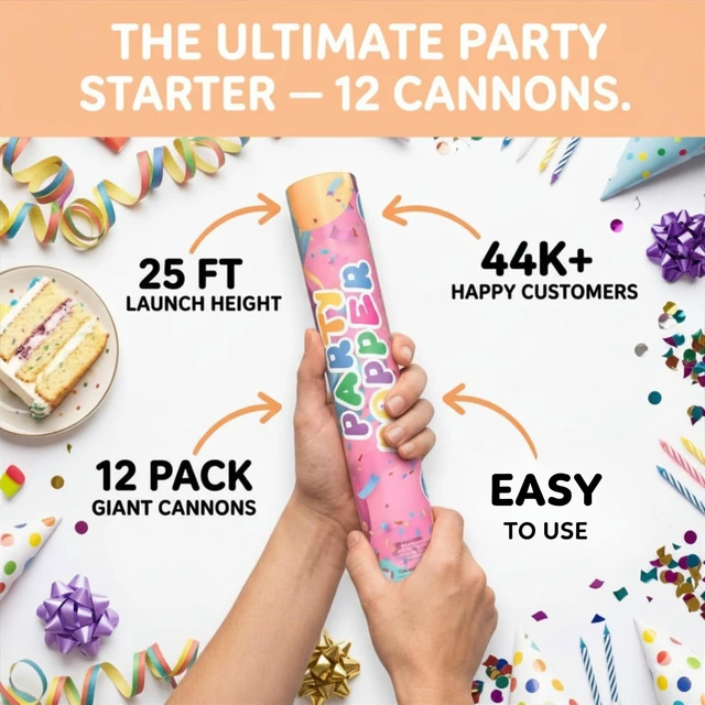 Alt view image 2 of 7 - Confetti Poppers Confetti Cannon | 12 Pack | Glitter Multicolor | Party Poppers for Graduation, Birthday, Wedding | Alternative to Fireworks Smoke Bombs | Launches 25 ft | 12 inch