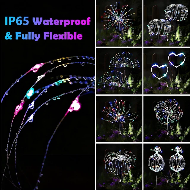 Alt view image 4 of 6 - 2-Pack Solar Firework Lights for Outside Waterproof Garden Fairy Lights | Adjustable 32"-51" tall, 200 LED stainless steel stake starburst lights with 8 modes for pathway patio decorations.