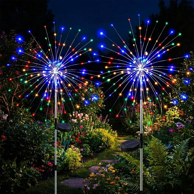 Alt view image 6 of 6 - 2-Pack Solar Firework Lights for Outside Waterproof Garden Fairy Lights | Adjustable 32"-51" tall, 200 LED stainless steel stake starburst lights with 8 modes for pathway patio decorations.
