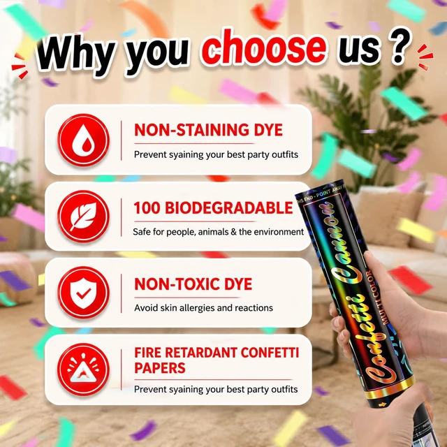 Alt view image 3 of 7 - Confetti Cannon 12 Pack 12 Inch Multicolor Confetti Poppers Biodegradable Paper Party Poppers Launcher Up to 20FT for Graduation, Birthday, Wedding, Christmas New Year & Celebrations