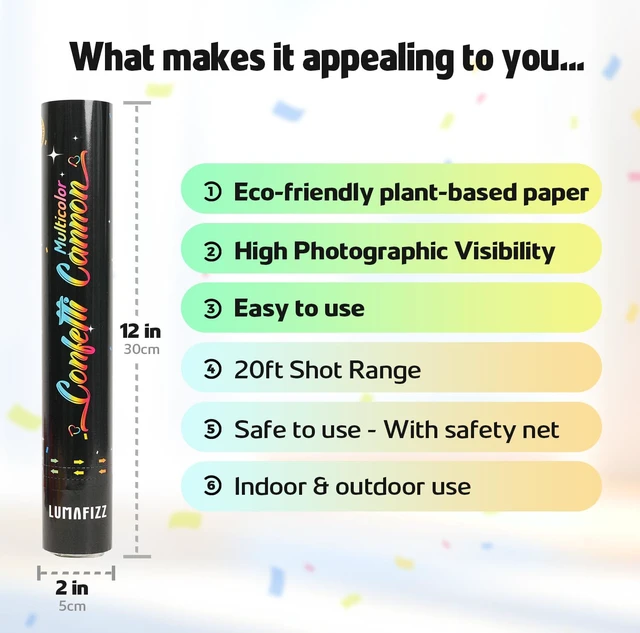 Alt view image 6 of 7 - 12in Confetti Cannons 6pk,Multicolo Eco-Friendly Confetti Poppers | for PartyBirthdayChristmas EveWeddingNew Year Celebration