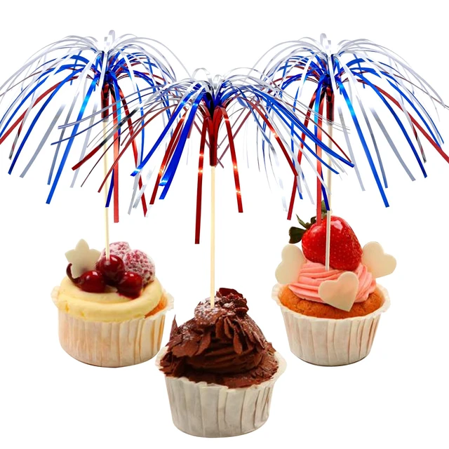 Alt view image 4 of 6 - 100 Counts 6 Inch Firework Cocktail Picks Red White Blue Firework Party Picks Toothpicks Cupcake Toppers Drink Sticks for Fourth of July Independence Day Party Supplies