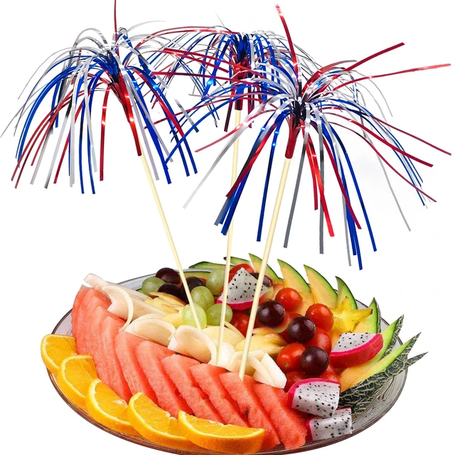 Alt view image 5 of 6 - 100 Counts 6 Inch Firework Cocktail Picks Red White Blue Firework Party Picks Toothpicks Cupcake Toppers Drink Sticks for Fourth of July Independence Day Party Supplies
