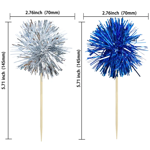 Alt view image 2 of 7 - 30Pcs Foil Firework Cupcake Toppers Sparkle Tinsel Cake Toppers Tinsel Drink Cake Decoration Cocktail Picks for Birthday Wedding Graduation Party Supplies Silver Dark Blue