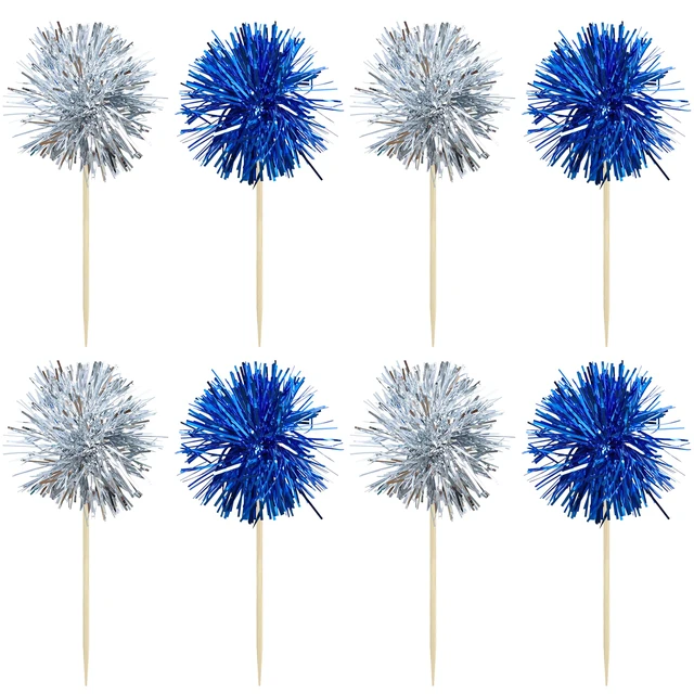 Alt view image 3 of 7 - 30Pcs Foil Firework Cupcake Toppers Sparkle Tinsel Cake Toppers Tinsel Drink Cake Decoration Cocktail Picks for Birthday Wedding Graduation Party Supplies Silver Dark Blue