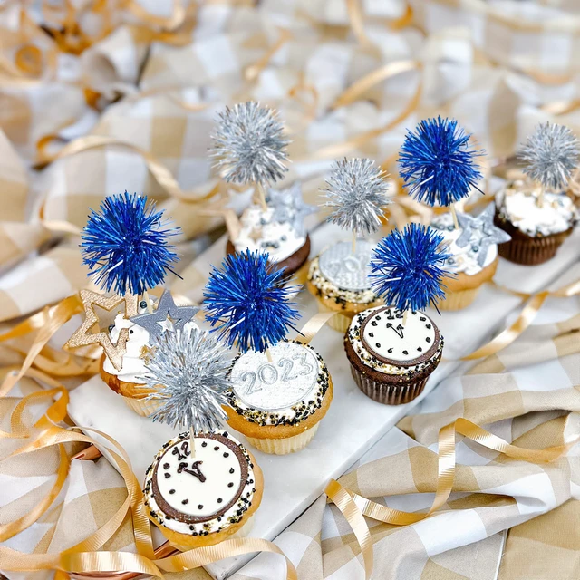 Alt view image 4 of 7 - 30Pcs Foil Firework Cupcake Toppers Sparkle Tinsel Cake Toppers Tinsel Drink Cake Decoration Cocktail Picks for Birthday Wedding Graduation Party Supplies Silver Dark Blue