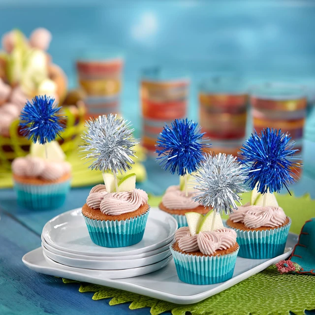 Alt view image 5 of 7 - 30Pcs Foil Firework Cupcake Toppers Sparkle Tinsel Cake Toppers Tinsel Drink Cake Decoration Cocktail Picks for Birthday Wedding Graduation Party Supplies Silver Dark Blue
