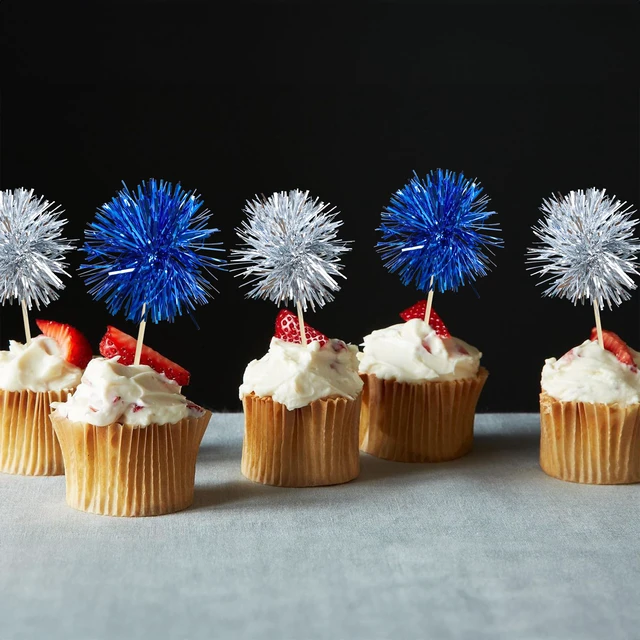 Alt view image 6 of 7 - 30Pcs Foil Firework Cupcake Toppers Sparkle Tinsel Cake Toppers Tinsel Drink Cake Decoration Cocktail Picks for Birthday Wedding Graduation Party Supplies Silver Dark Blue