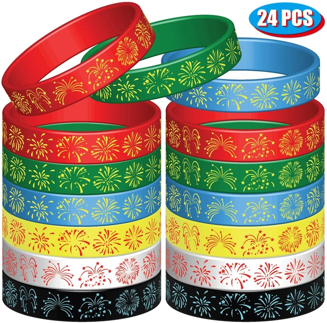 Alt view image 2 of 4 - 24PCS Rainbow Firework Rubber Bracelets Silicone Wristbands Party Favors-Firework Independence Party Supplies Decorations Prizes Birthday Gifts