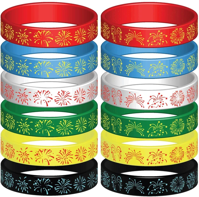 Alt view image 4 of 4 - 24PCS Rainbow Firework Rubber Bracelets Silicone Wristbands Party Favors-Firework Independence Party Supplies Decorations Prizes Birthday Gifts