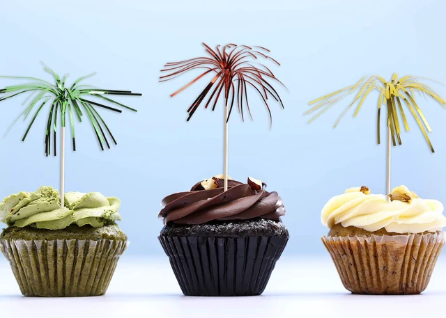 Alt view image 6 of 7 - Foil Firework Cupcake Toppers 50Pcs 9 Inch Multicolor Cake Cocktail Food Fruit Drinks Picks Toothpick Sticks for Christmas Birthday Wedding Bridal Shower Graduation Party Decoration