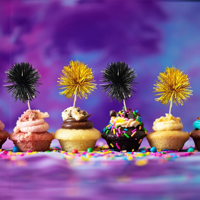 Alt view image 4 of 7 - 30Pcs Foil Firework Cupcake Toppers Sparkle Tinsel Cake Toppers Tinsel Drink Cake Decoration Cocktail Picks for Birthday Wedding Graduation Party Supplies Gold Black