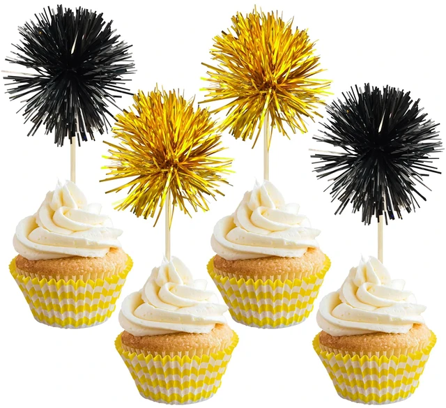 Main image of 30Pcs Foil Firework Cupcake Toppers Sparkle Tinsel Cake Toppers Tinsel Drink Cake Decoration Cocktail Picks for Birthday Wedding Graduation Party Supplies Gold Black