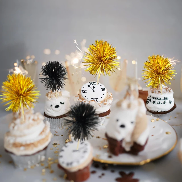 Alt view image 7 of 7 - 30Pcs Foil Firework Cupcake Toppers Sparkle Tinsel Cake Toppers Tinsel Drink Cake Decoration Cocktail Picks for Birthday Wedding Graduation Party Supplies Gold Black