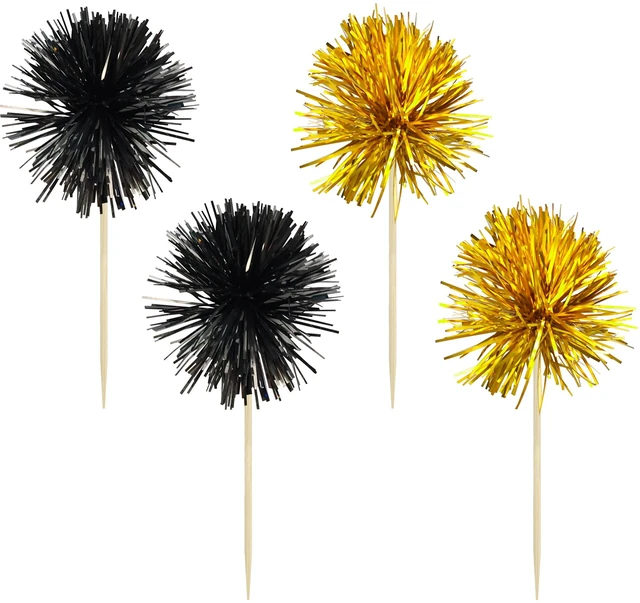Alt view image 3 of 7 - 30Pcs Foil Firework Cupcake Toppers Sparkle Tinsel Cake Toppers Tinsel Drink Cake Decoration Cocktail Picks for Birthday Wedding Graduation Party Supplies Gold Black