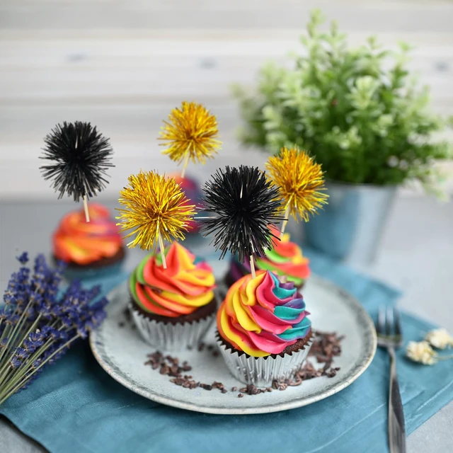 Alt view image 6 of 7 - 30Pcs Foil Firework Cupcake Toppers Sparkle Tinsel Cake Toppers Tinsel Drink Cake Decoration Cocktail Picks for Birthday Wedding Graduation Party Supplies Gold Black